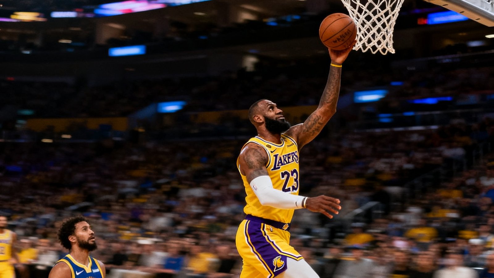 NBA常规赛直播画面，湖人队球星突破勇士队防线飞身上篮，篮筐上方计时器显示第四节关键时间